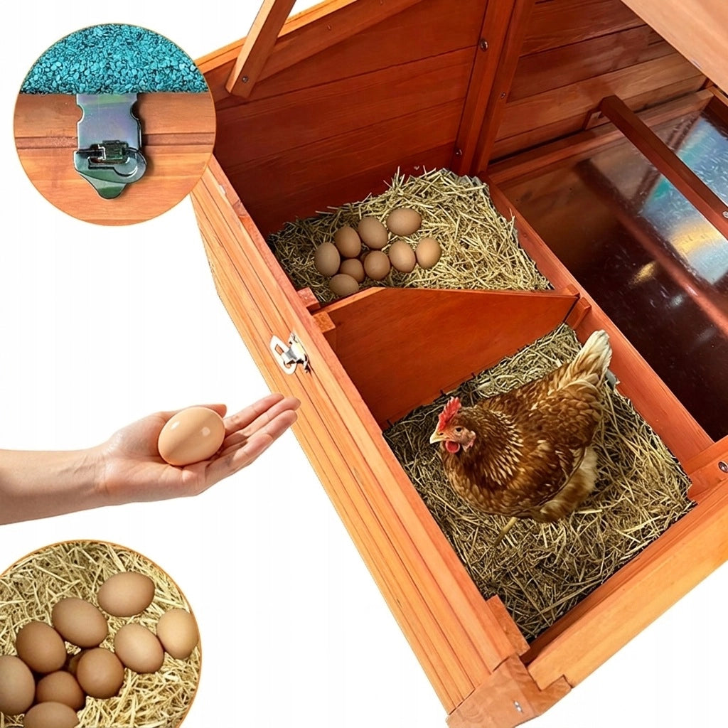 Pollaio da Giardino in Legno Naturale 104×60×71;5 cm; Ricovero Rialzato per Galline con Nido e Pulizia Facile