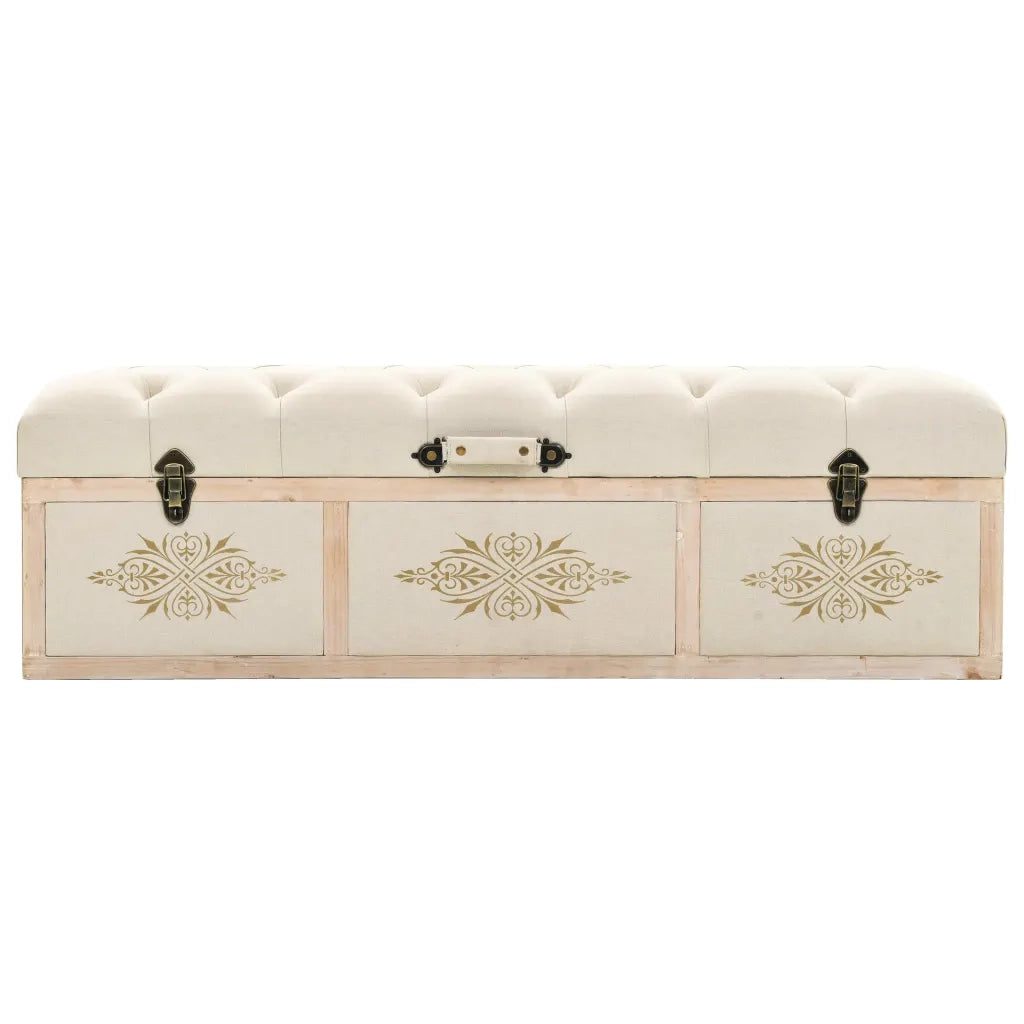 Panca Contenitore-Panca con Vano Portaoggetti-Sgabello 110 cm Crema in Abete Massello e Tessuto