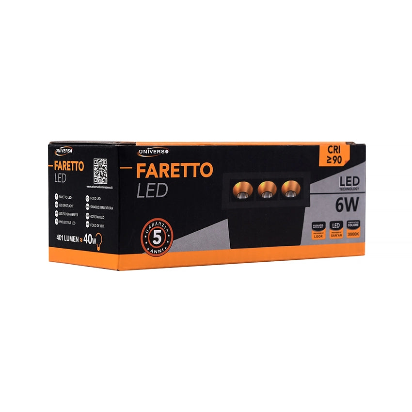 FARETTO LED RETTANGOLARE NERO DA INCASSO PER CONTROSOFFITTI 6W LUCE CALDA 3000K - DESIGN INNOVATIVO CON CONO DI PROIEZIONE IN COLORE BRONZO