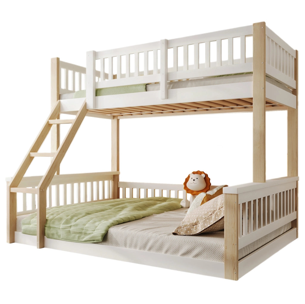 Letto a castello in legno 90x200 cm + 140x200 cm con scala e sponde