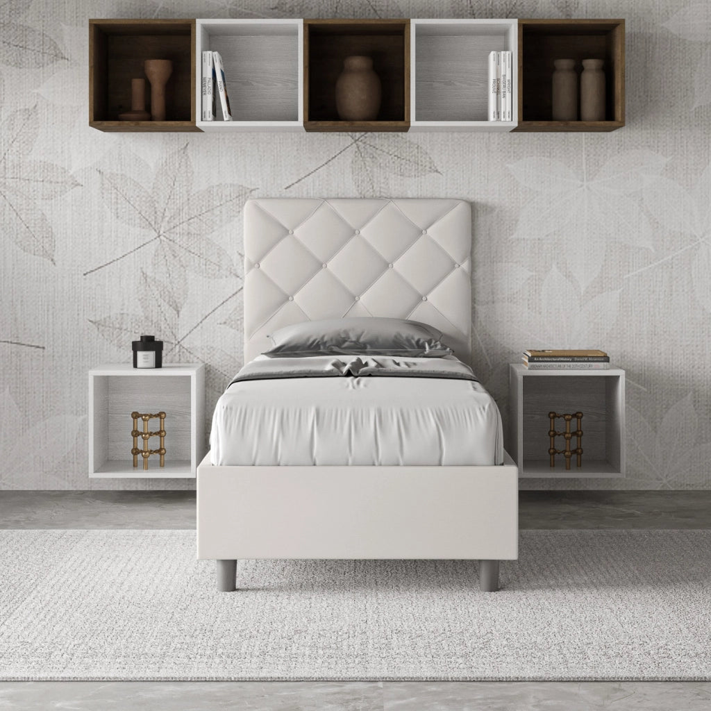 BS COM Letto singolo con rete imbottito 80x210 similpelle bianco