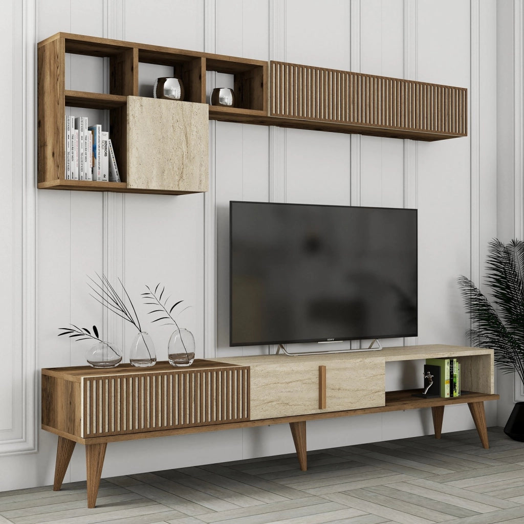 Porta TV in legno "Milan" - 180 x 35 x 40 cm - Noce, Travertino
