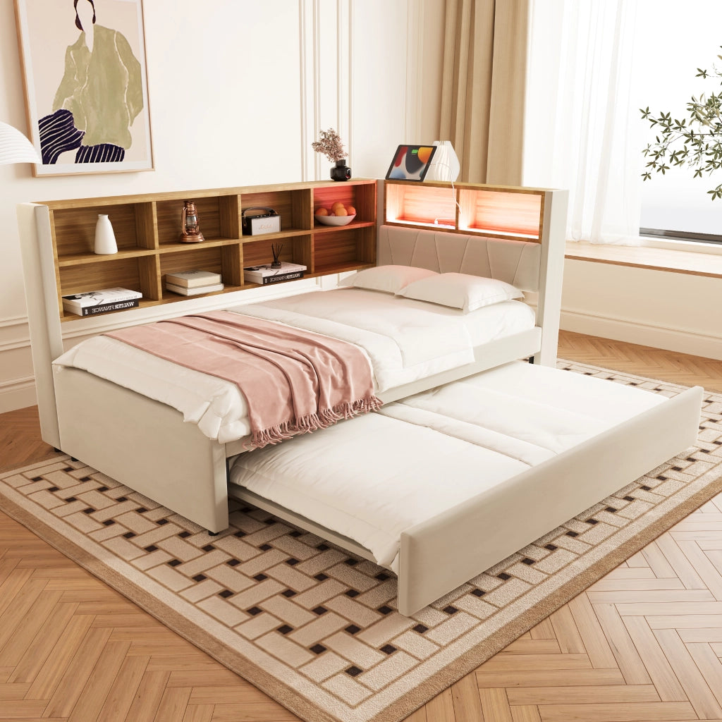 DIVANO LETTO Estraibile 90x200 cm Flanella Beige con LED e prese
