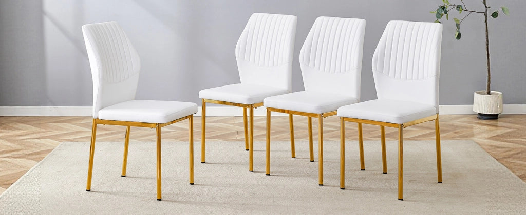 [Set di 4] Sedie da pranzo in stile lussuoso e leggero: schienale in PU bianco con goffratura verticale + gambe in metallo dorato, adatte a sale da pr