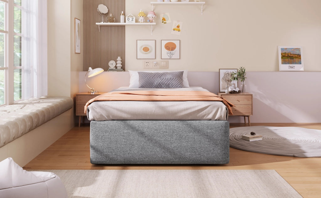 DESMIU Letto imbottito 90 × 200 cm 1 posto con 1 cassetto, contenitore idraulico, senza materasso, tessuto grigio