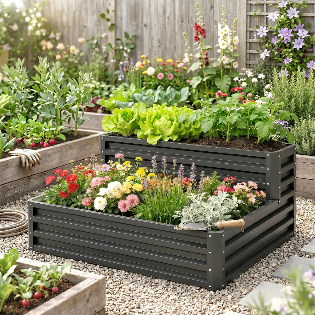 Fioriera rialzata da giardino 2 piani per erbe verdure fiori ¨C Xylo ¨C Grigio scuro 120x101x58 cm