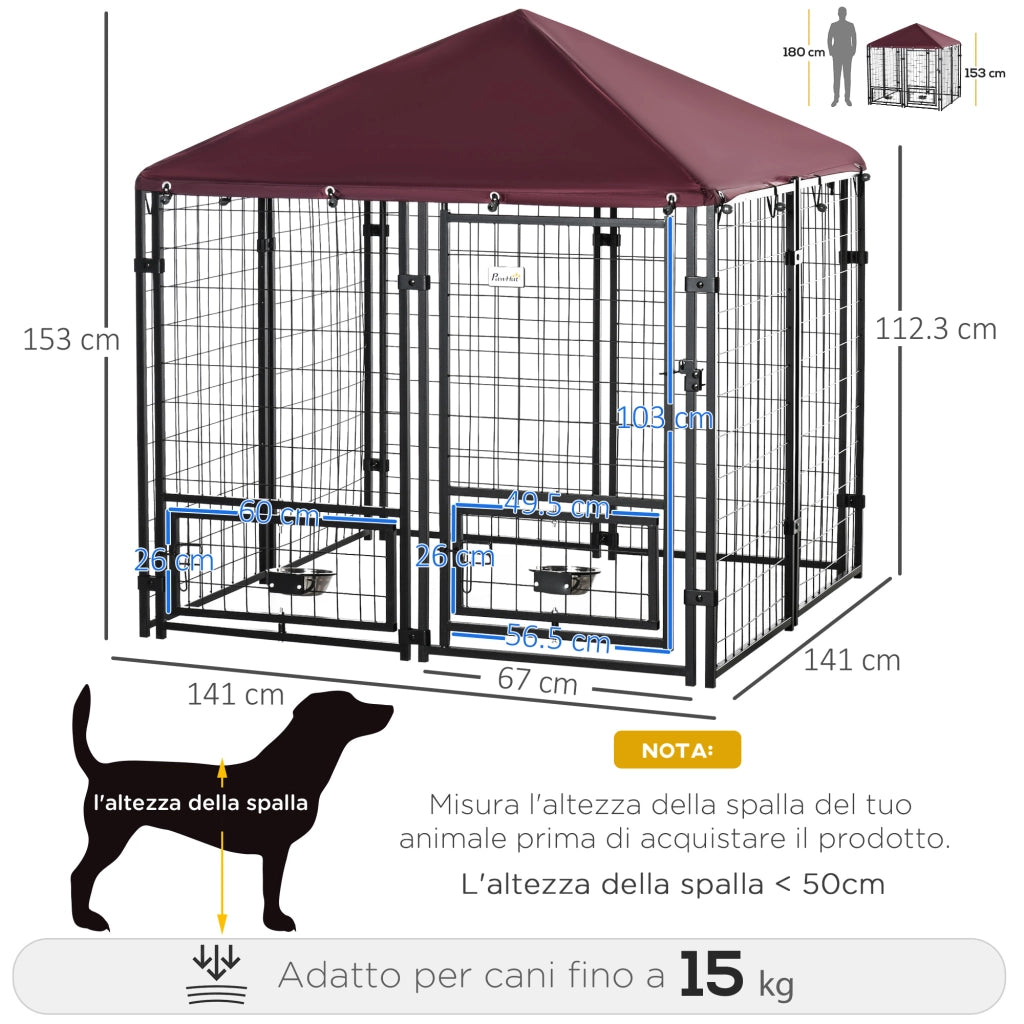 Recinto per Cani da Esterno ¨C Zephmum ¨C Nero e Rosso in Acciaio con Copertura