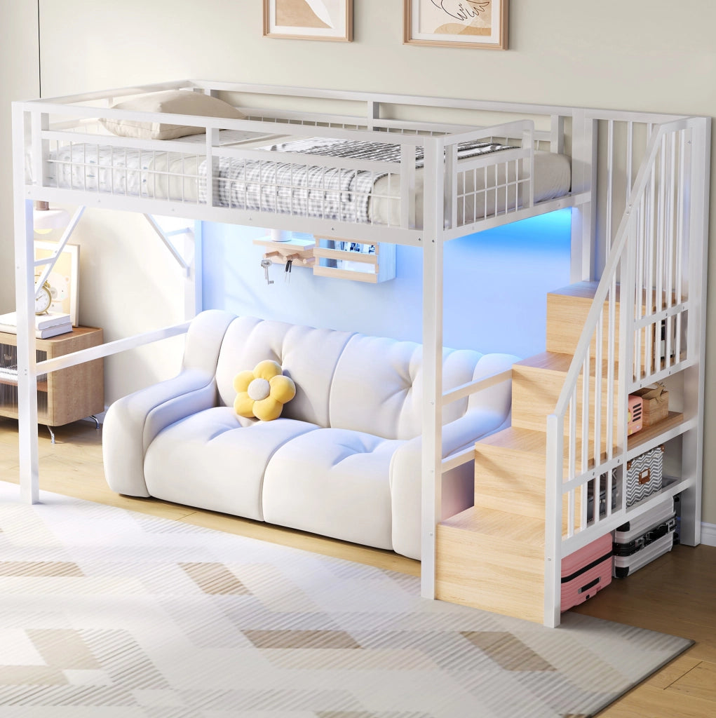 Letto a soppalco 90x200 cm con LED e scale con contenitore in metallo