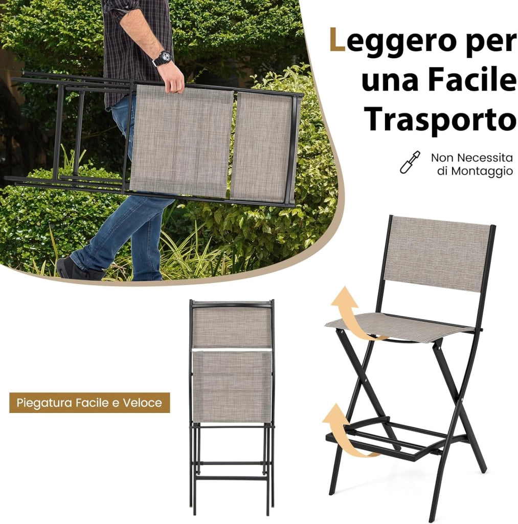 Set di Sgabelli da Bar 2 Pezzi, Sedie Alte e Pieghevoli con Telaio in Metallo e Poggiapiedi, Sedie da Bar per Balcone, Giardino e Piscina (Caffè)