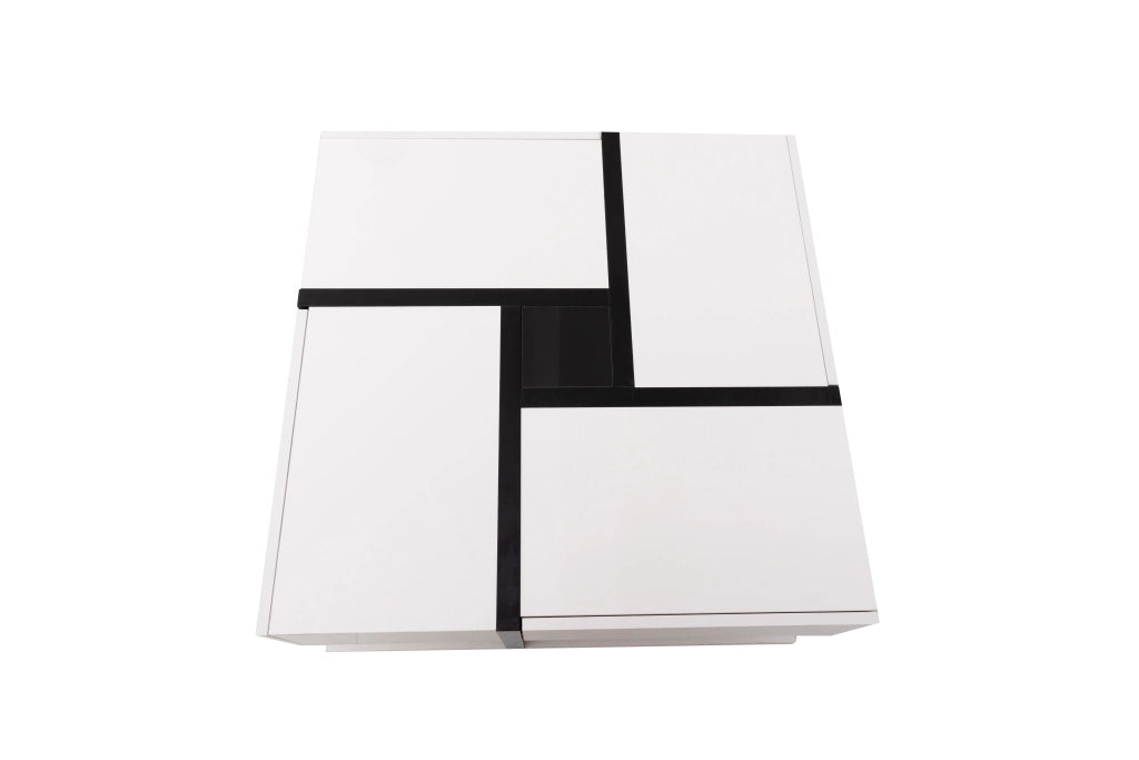 Tavolino da salotto quadrato 4 cassetti con ripiano aperto, finitura lucida, per soggiorno, in truciolare, bianco, 78 × 78 × 36 cm