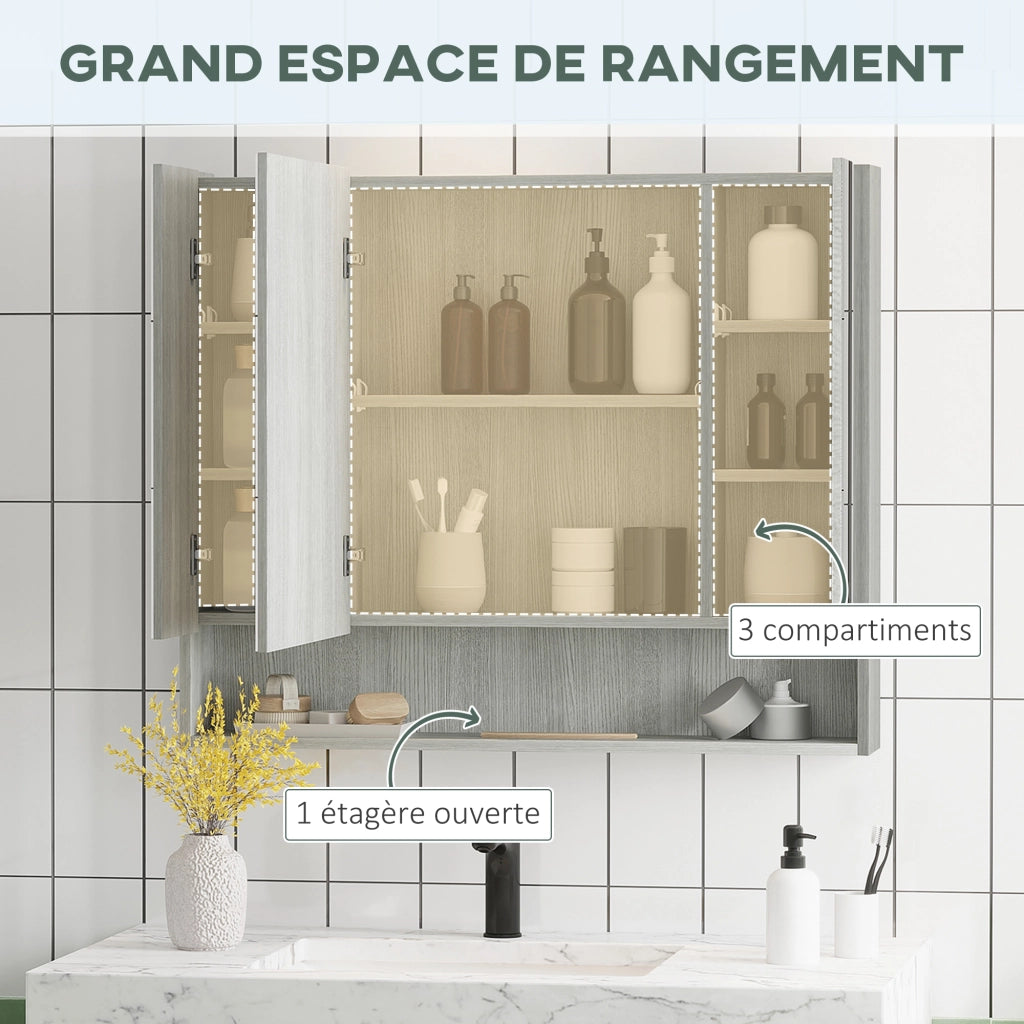 Armadio da bagno con specchio 3 ante ¨C zephmum ¨C grigio 90x15x75cm