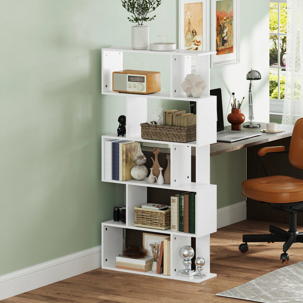 Libreria Asimmetrica a S a 5 Livelli con 10 Ripiani Aperti, in Legno, 80x24x159 cm, Bianco