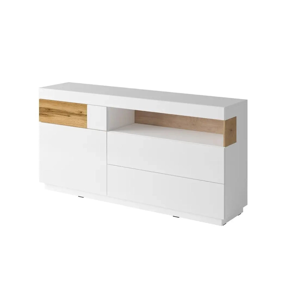 Collezione buffet KILES 170cm, con LED integrato. Colori bianco e rovere. Stile design.