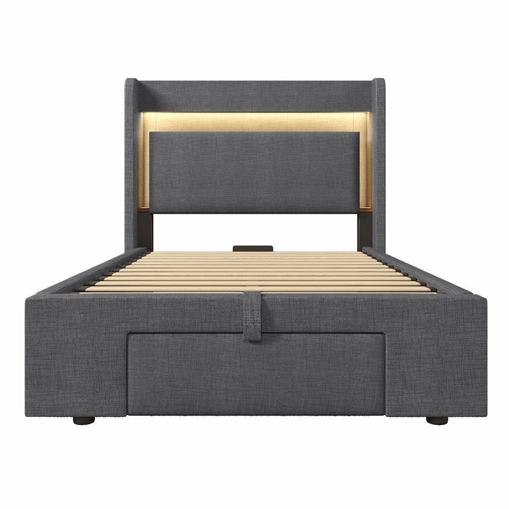 Letto imbottito 90x200cm - Xylo - Grigio lino, spazio idraulico, testiera con LED/USB, materasso incluso
