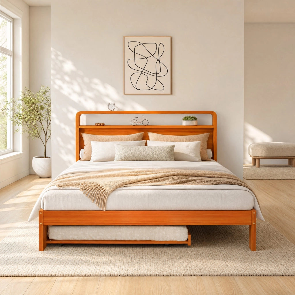 Letto in legno naturale 140x200 cm con letto estraibile 90x190 cm, soluzione 2 in 1 salvaspazio