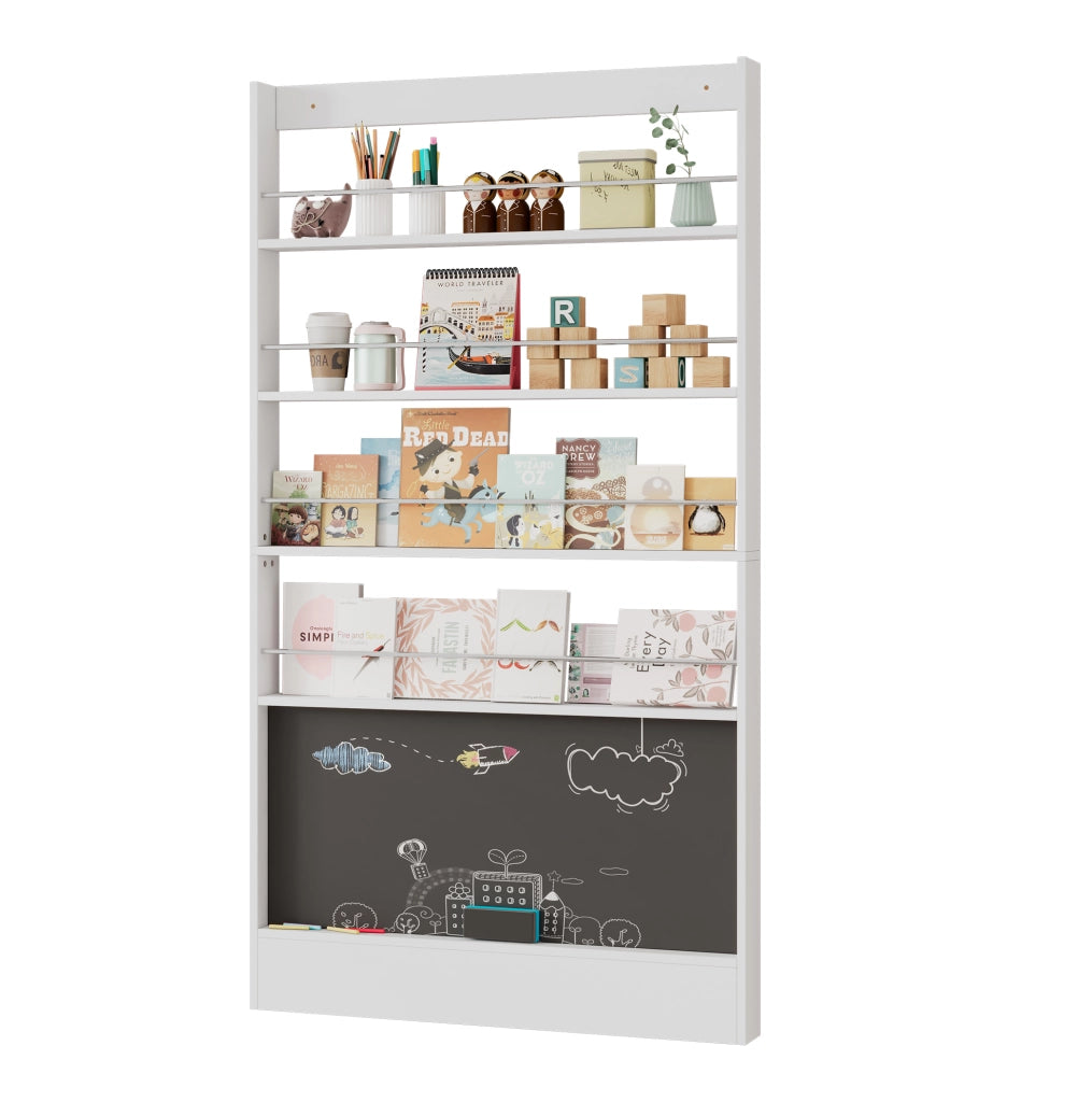 Libreria da parete salvaspazio con 4 ripiani e lavagna; 100x10x180 cm bianco