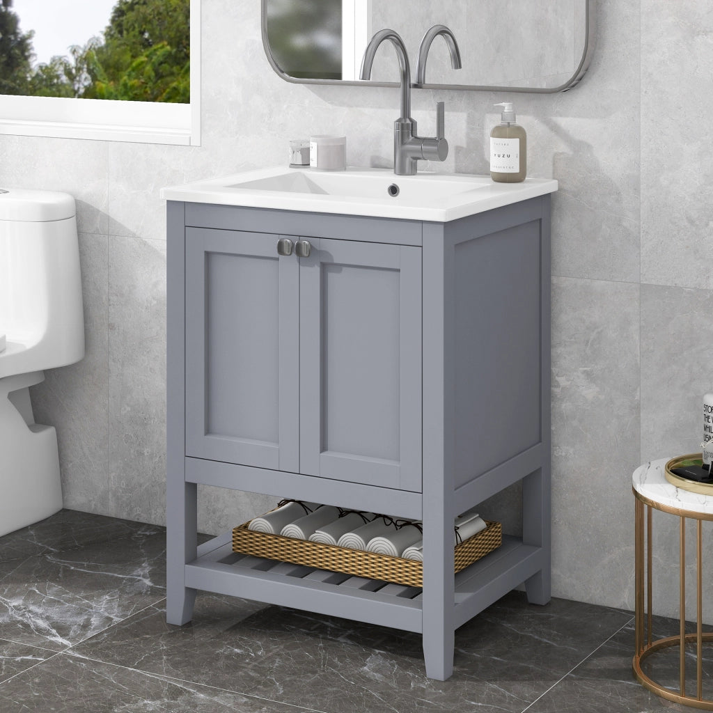 LAVABO CON MOBILE 60 cm Grigio e Bianco in Legno Massello e MDF