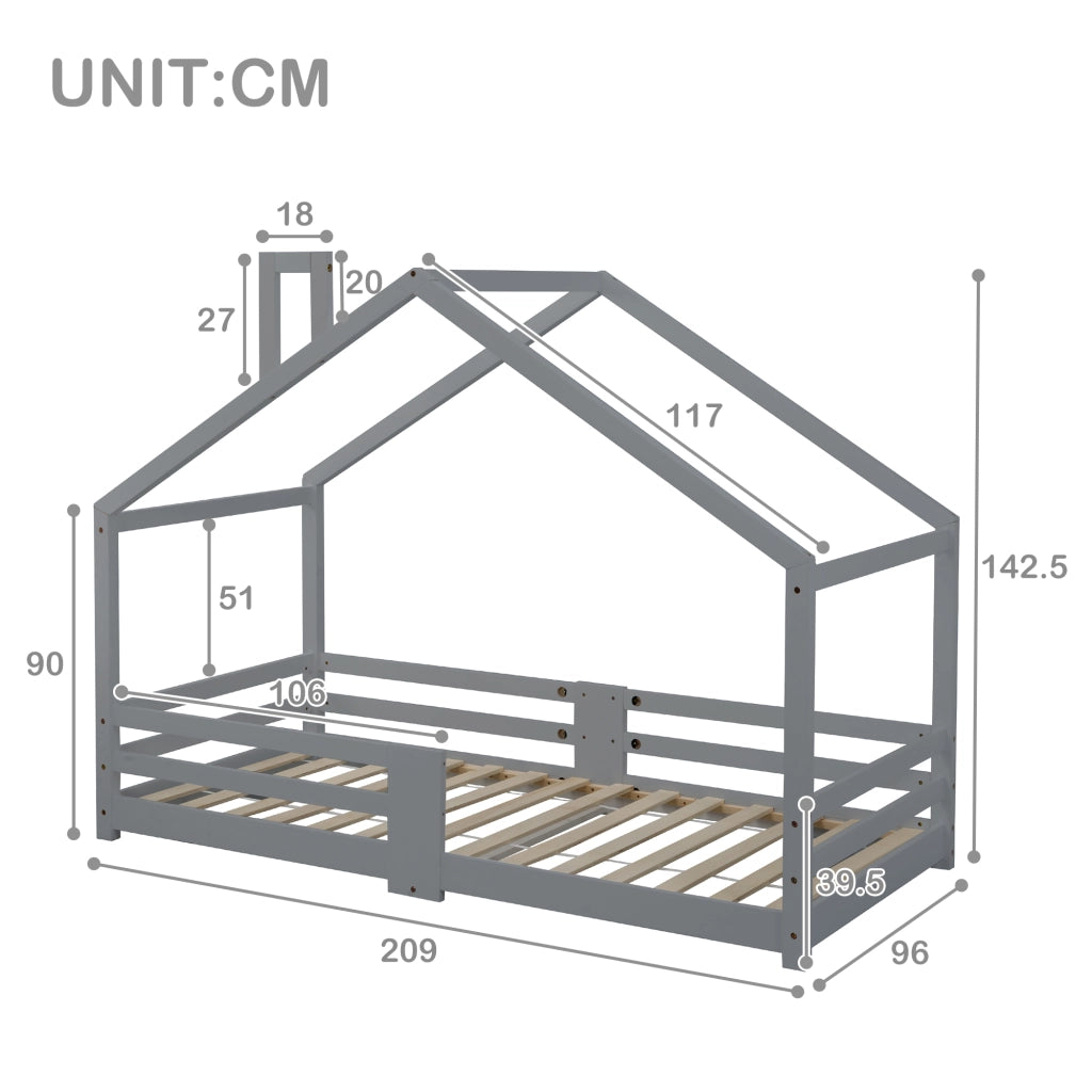 Letto a casetta per bambini con camino, protezione anticaduta, robusta base a doghe, legno di pino, letto a casetta per bambini, 90 x 200 cm senza mat