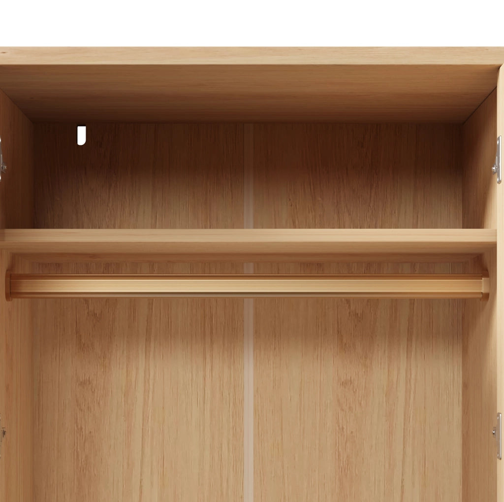 Armadio guardaroba con asta appendiabiti; ripiani aperti e cassetti; MDF e legno massello; rovere