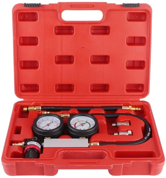Kit di Test di Compressione con Manometro a Doppia Manovella 0-7 bar/0-100 psi - Detector di Fuga di Cilindri - Kit di Detettore di Fuga - Adatto per Motori a Benzina - Cappotto in Gomma di Protezione