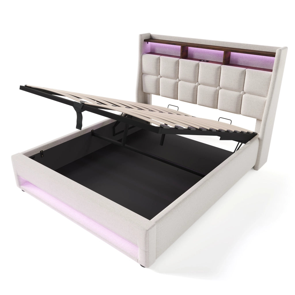 Letto imbottito 140x200 cm con LED, USB e contenitore, colore beige chiaro