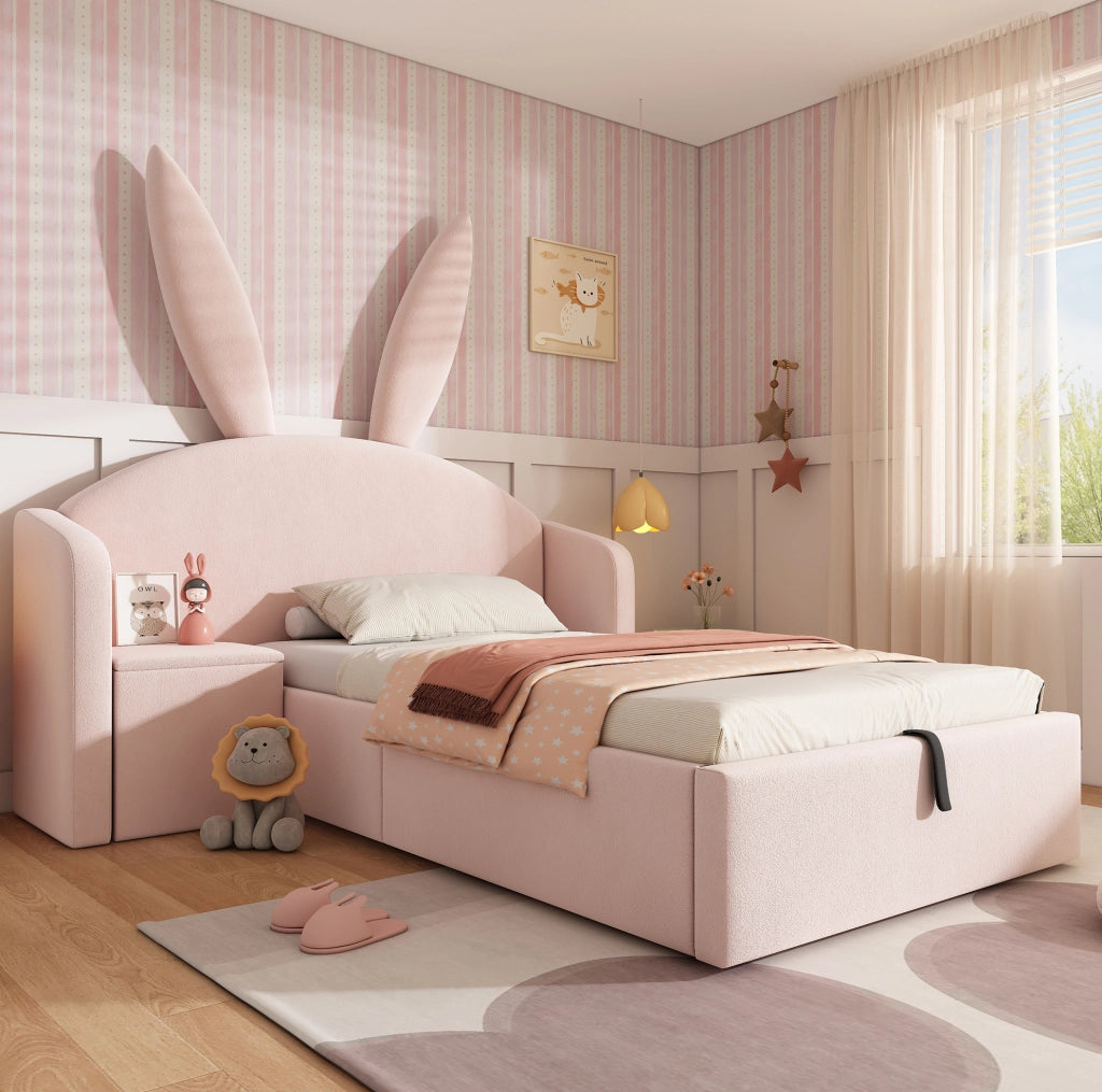 Letto 90x190 cm con contenitore e comodino in velluto rosa