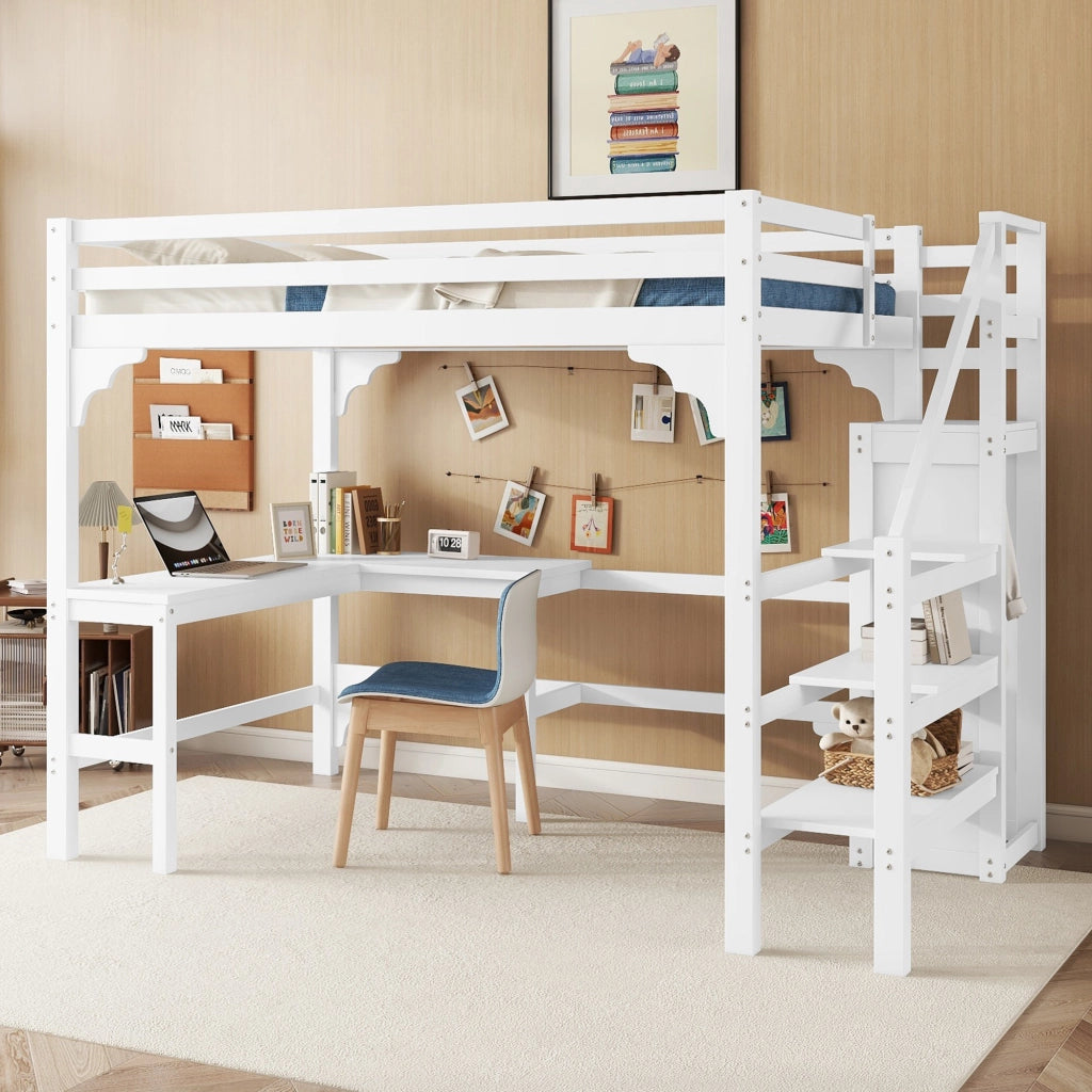 Letto a soppalco matrimoniale 140×200 cm con scrivania a L; armadio aperto e scala contenitore; bianco; senza materasso