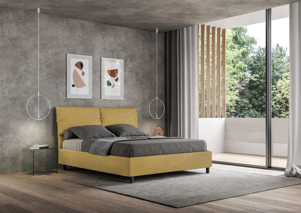 BS COM Letto matrimoniale con rete imbottito 160x210 microfibra ocra