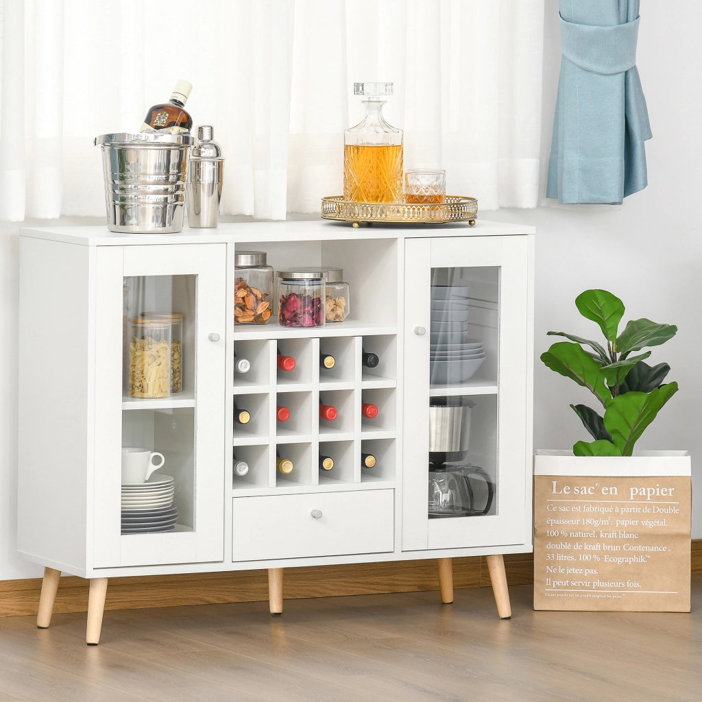 Credenza da cucina con portabottiglie cassetto ripiano e 2 ante in vetro ¨C Xylo ¨C Bianco 100x33x80 cm