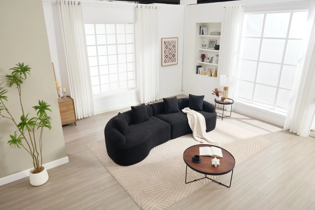 Divano angolare modulare 4 posti con design curvo per soggiorno in chenille nero stile moderno 275×115×63 cm