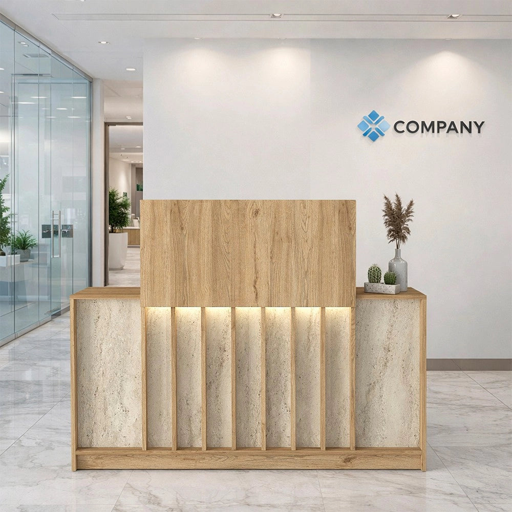 Bancone Reception Davis 150 cm Rovere e Travertino con LED e Listelli Verticali