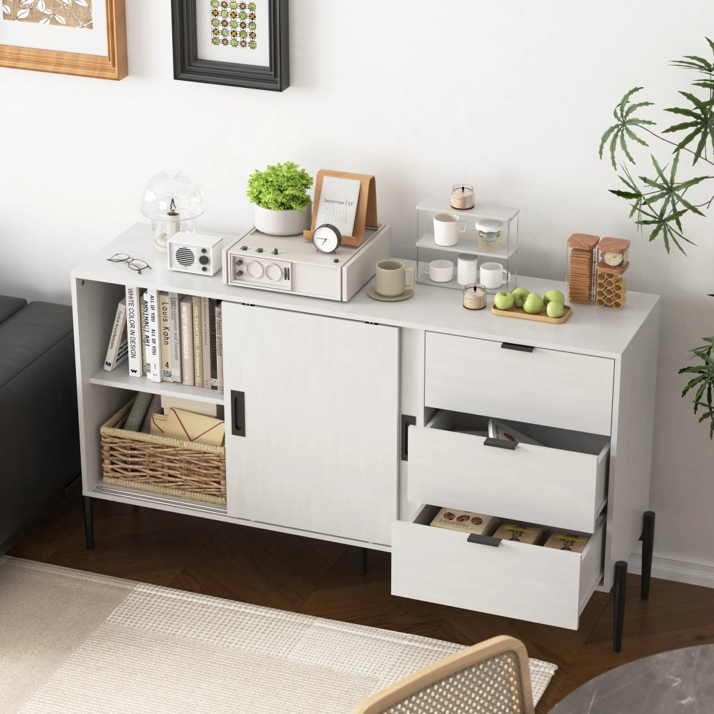 Credenza con 2 porte e 3 cassetti in vetro rigato; mobile contenitore per ingresso; in truciolare; bianco
