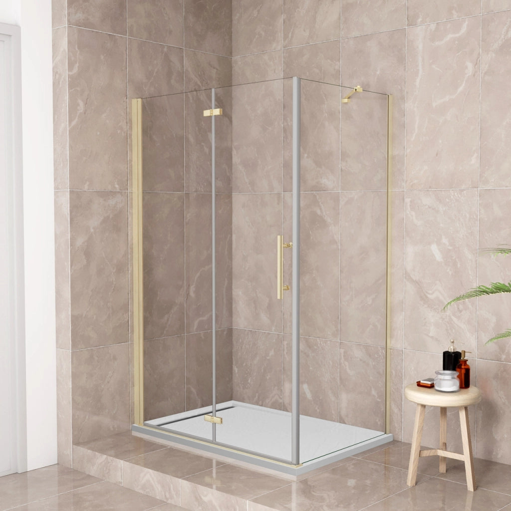 185 cm Box Doccia Angolare 110x76 cm Porta Battente Pieghevole 110 Parete Fissa 76 Vetro Temperato 6 mm Anticalcare Barra Stabilizzatrice da 45 cm Dorato Spazzolato