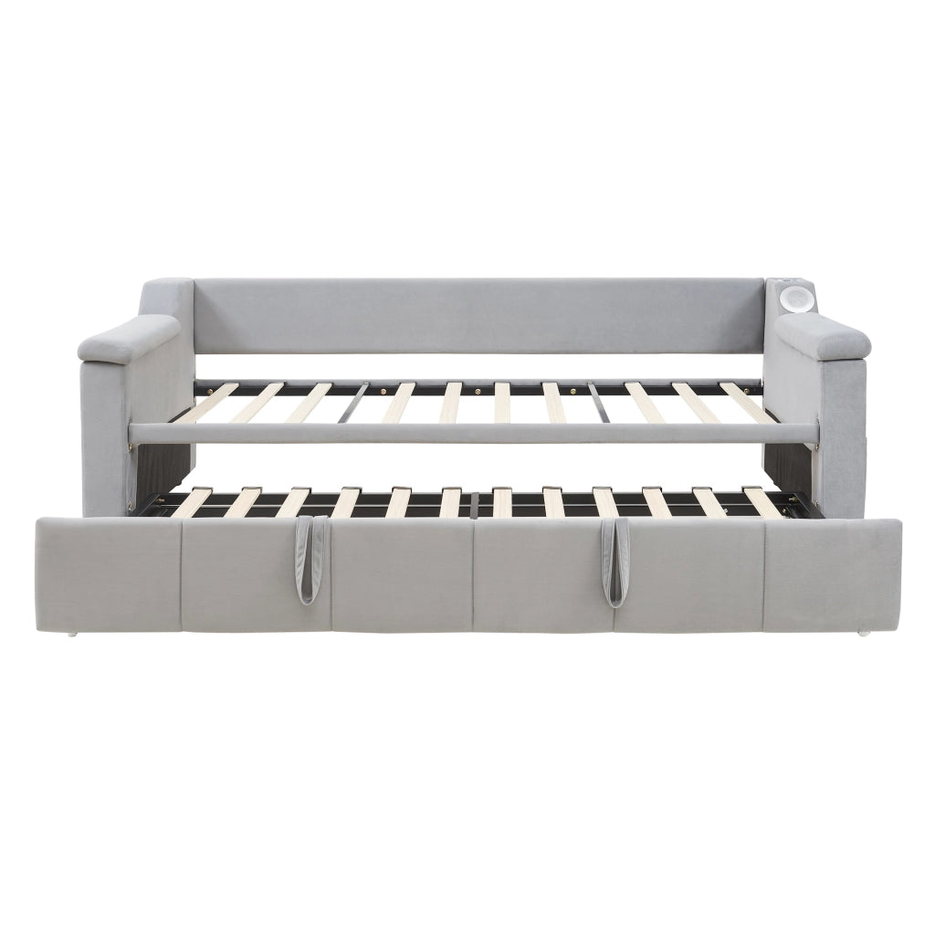 DESMIU Divano letto 90 × 190 cm e 180 × 190 cm 1 posto con USB, Bluetooth, vani portaoggetti, senza materasso, grigio