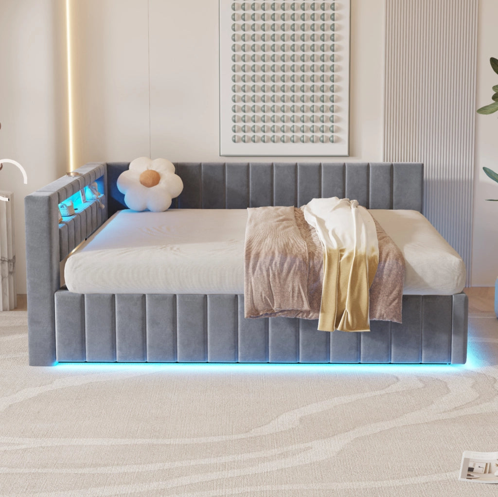 Letto imbottito 140x200 con contenitore idraulico, LED e USB