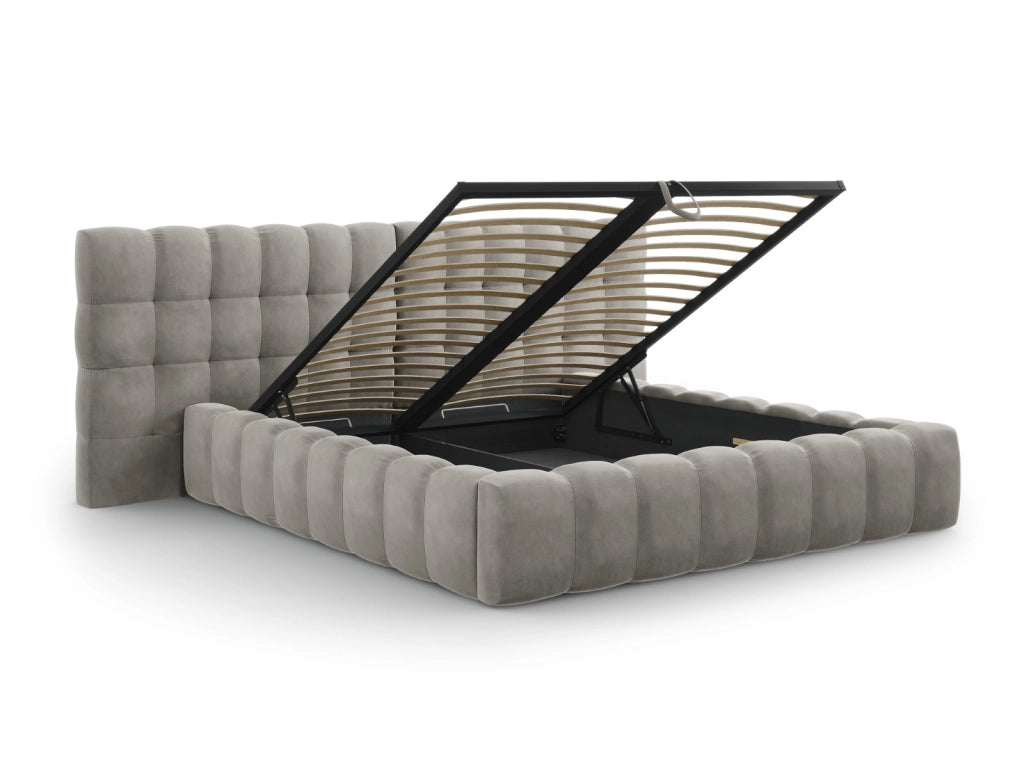 Cosmopolitan Design - Letto a cassettone con testiera doppia "Bali" 160x200cm in velluto grigio chiaro 