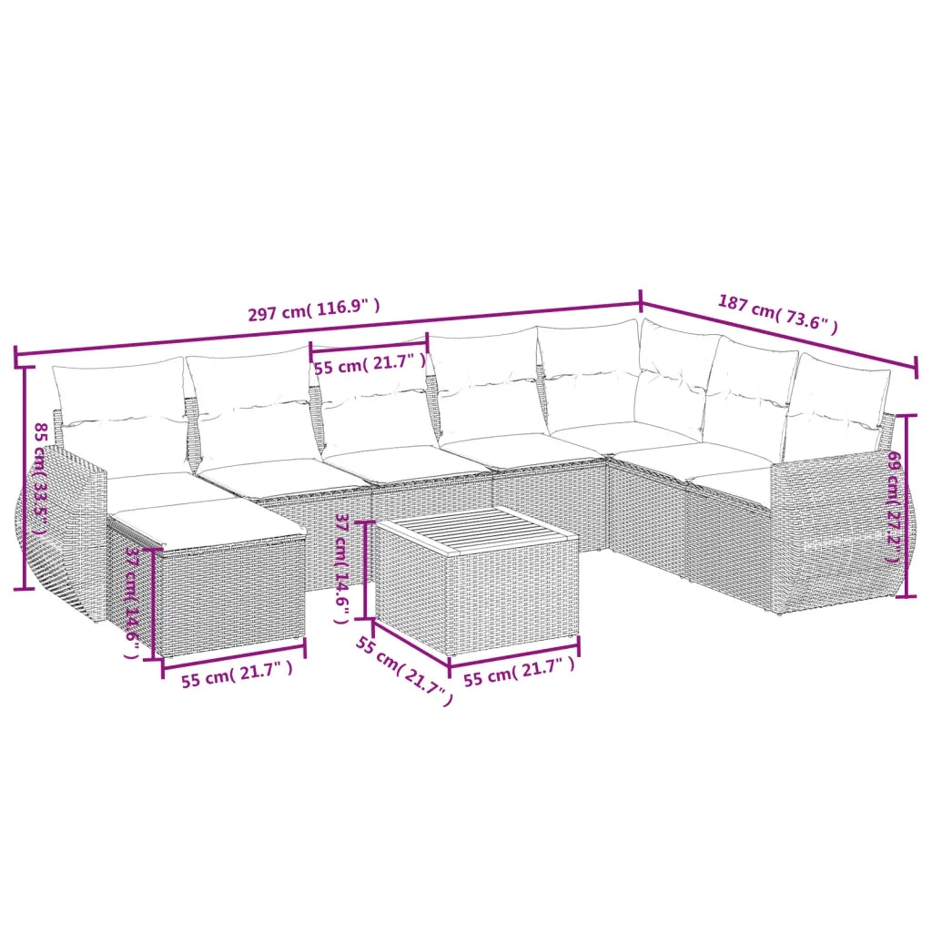 Set Divano da Giardino 9 pz con Cuscini Beige in Polyrattan 3225142