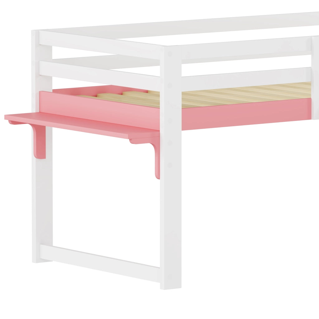 Letto a soppalco per bambini 90x200 cm in legno massello di pino, letto per bambini con sistema anticaduta, scaletta fissa e tavolino contenitore, ret