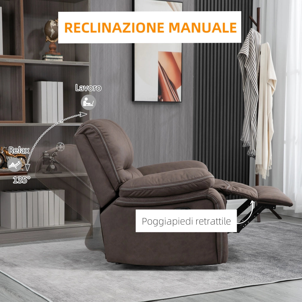Poltrona Relax con Reclinazione Manuale e Poggiapiedi, in Microfibra e Acciaio, 97x90x96 cm, Marrone