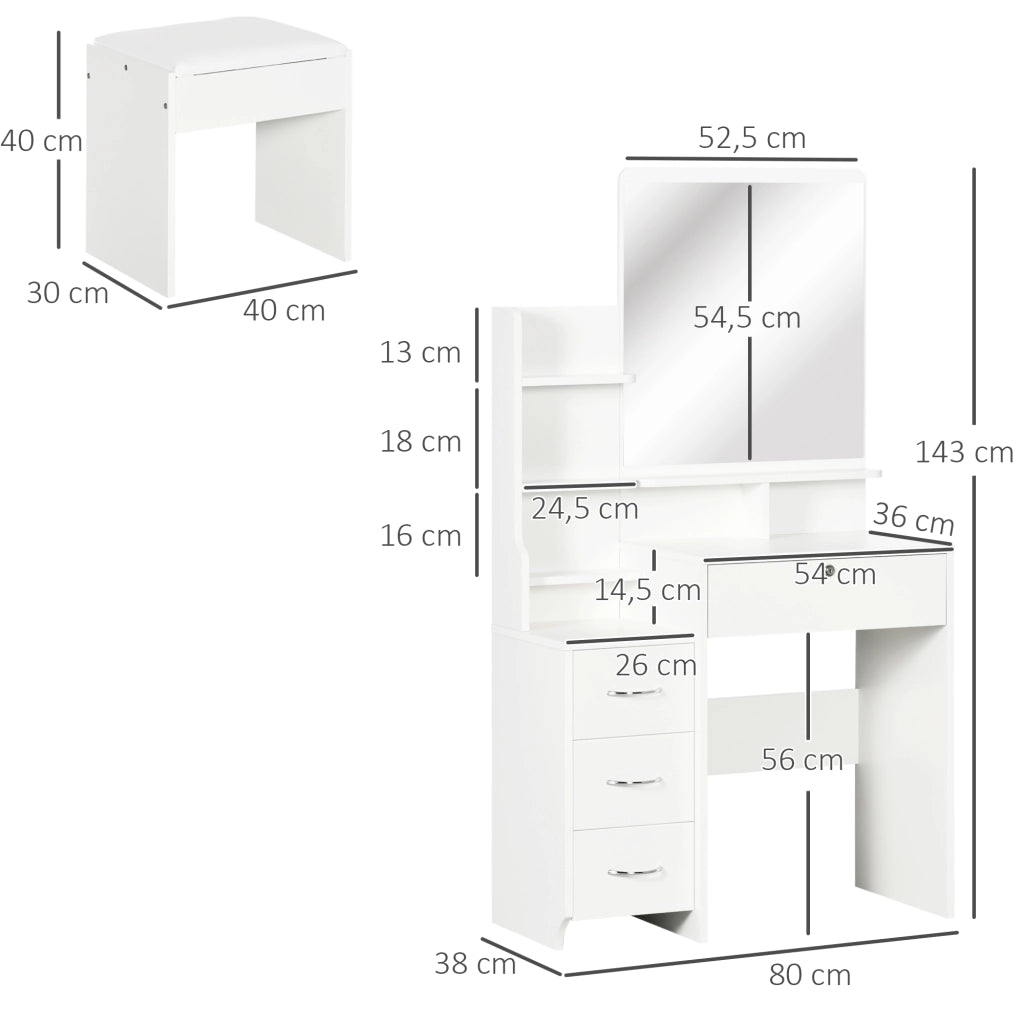 Scrivania trucco con specchio e 4 cassetti ¨C zephmum ¨C 80x38x143 cm bianco