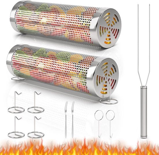 Grill portatile - Cassetta da griglia portatile con forchetta - Accessori per cucina BBQ - Grigliare all'aperto - Carni e pesce verdure - Acciaio inossidabile - Cassetta per appassionato di BBQ