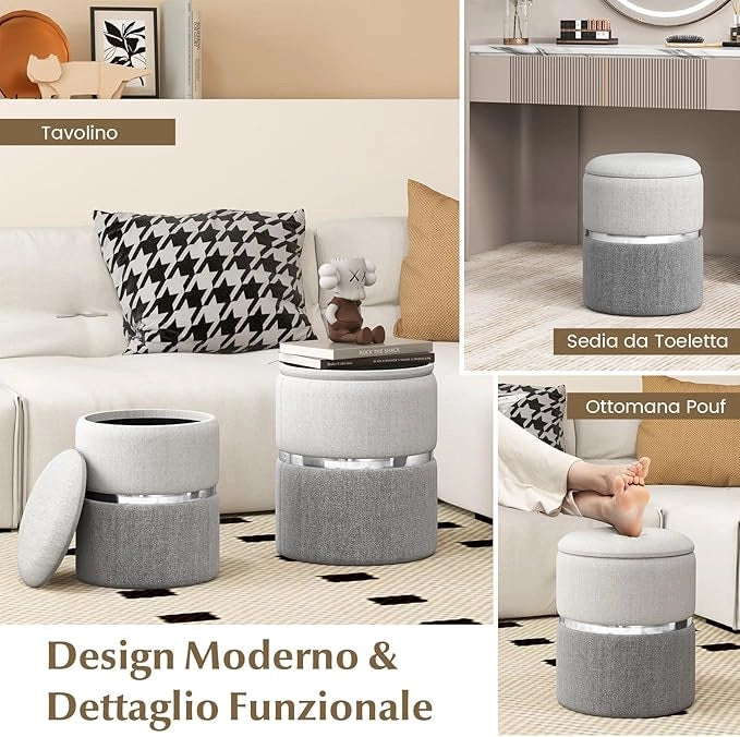 Set di 2 Pouf Contenitore in Velluto, Pouf Rotondi Imbottiti da 32L +21L, Sgabelli con Contenitore per Soggiorno, Camera da Letto, Portata 150 kg (Grigio)
