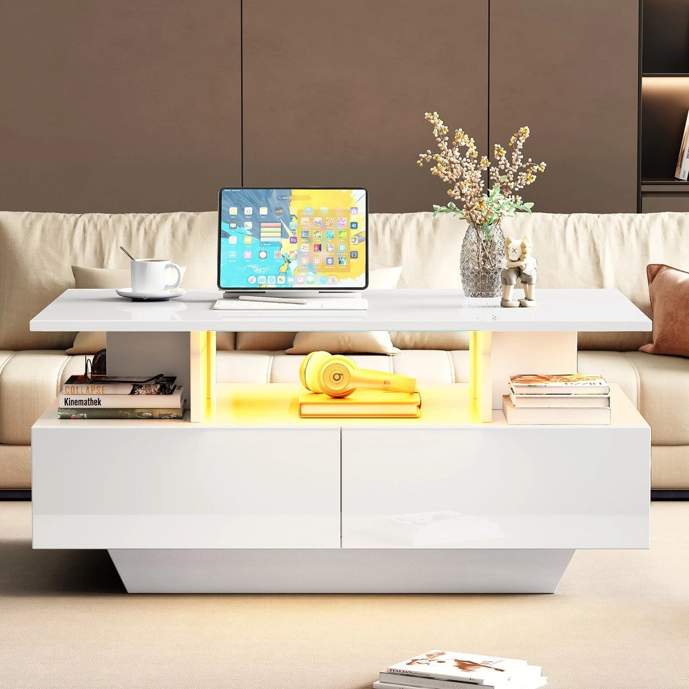 Tavolino da Caff¨¨ con LED e 2 Cassetti ¨C Xylo ¨C Bianco Lucido 90x55x41 cm