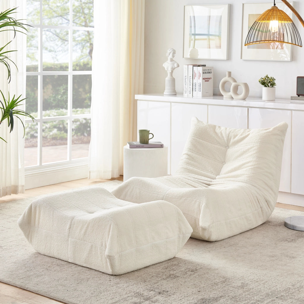 Lazy Sofa con schienale e poggiapiedi, poltrona relax in teddy effetto peluche, beige