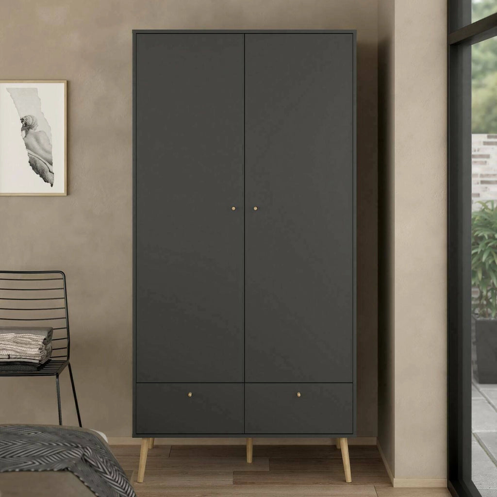 Guardaroba 2 ante Kahina, Mobile camera da letto, Cabina armadio portabiti, Armadio appendiabiti, 99x58 h200 cm, Grigio