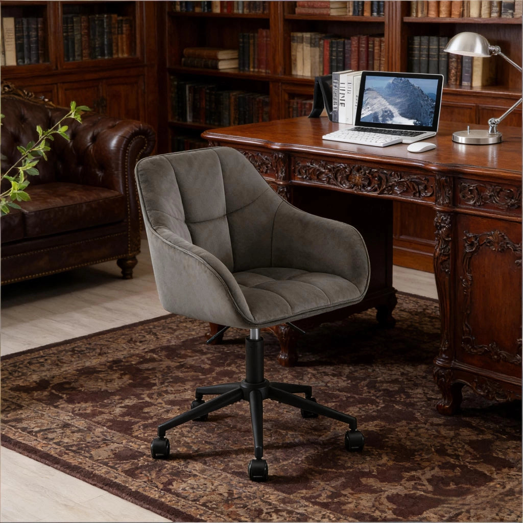 Sedia da Ufficio Ergonomica Girevole con Altezza Regolabile e Braccioli Integrati, in Velluto Grigio Scuro