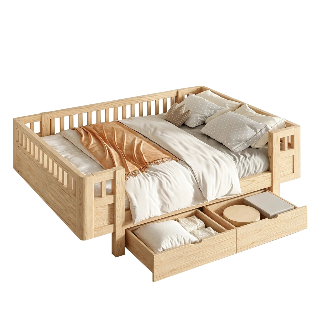 DESMIU Letto per bambini 140 × 200 cm con 2 cassetti, senza materasso, in legno massiccio e MDF, colore legno
