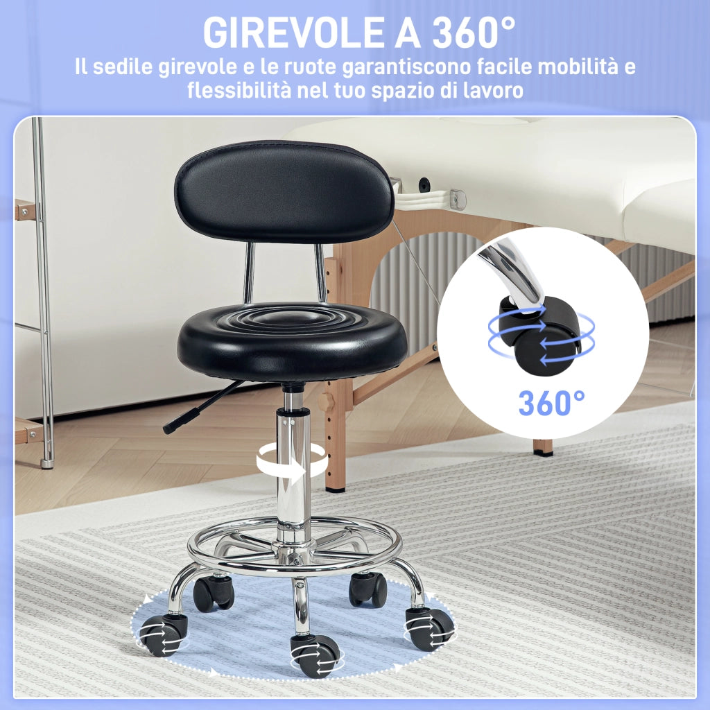 Sgabello Girevole con Schienale e Ruote ¨C zephmum ¨C Nero Finta pelle