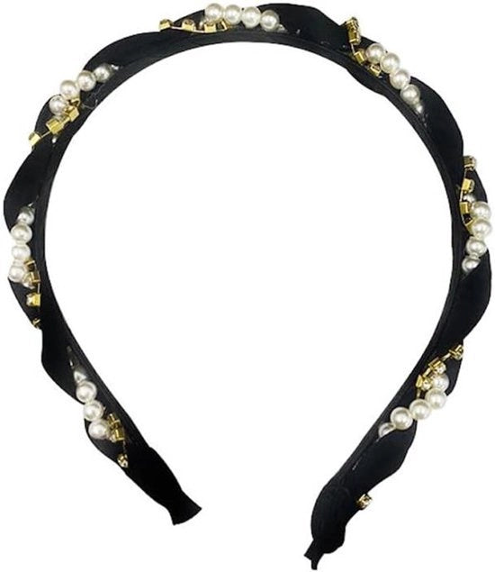 Fascia per capelli - Intrecciata con perle - Diamanti lucidi - Nero - Donna - Fascia per capelli con spilla per donna - Adatto per occasioni speciali o uso quotidiano.
