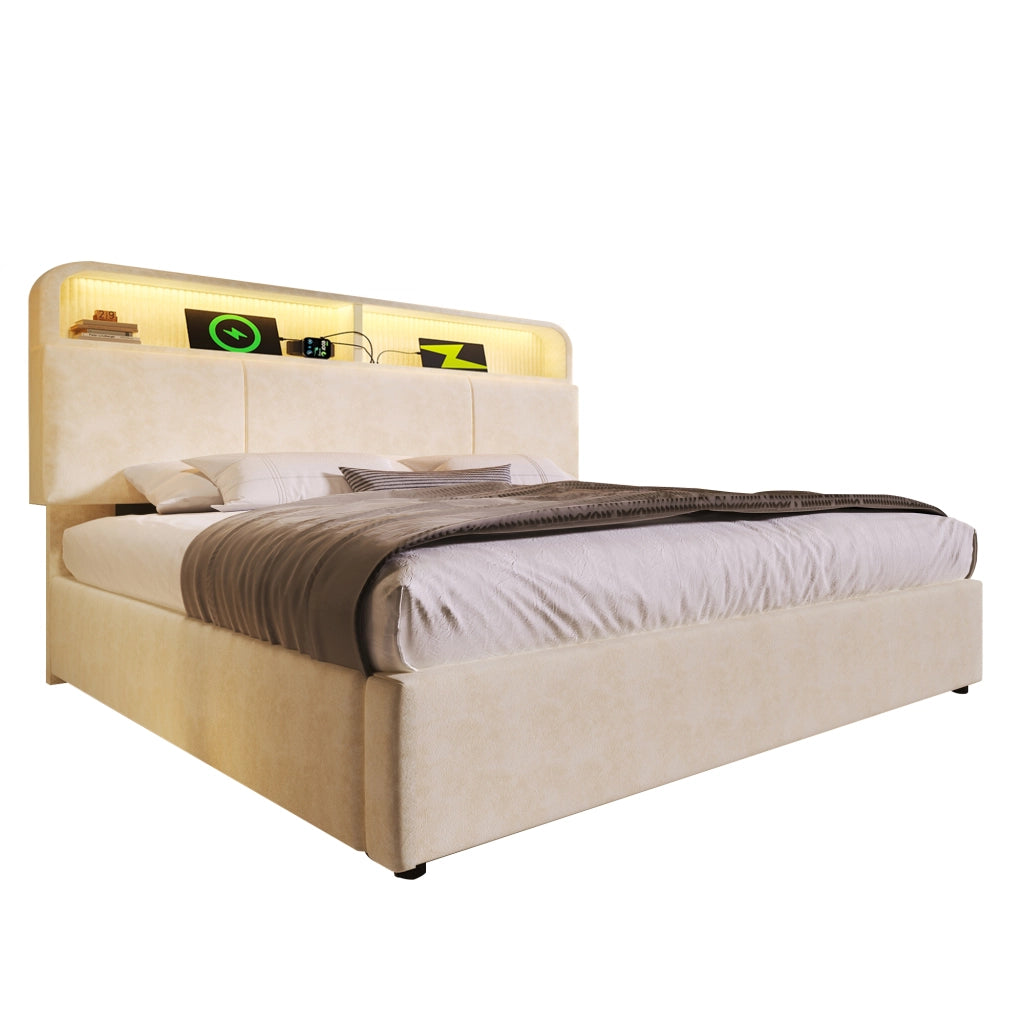 OKWISH Letto Contenitore 160×200 cm, Letto Matrimoniale con Contenitore, USB, Tipo C, LED Regolabile e Testiera Regolabile, senza Materasso, Velluto, Beige